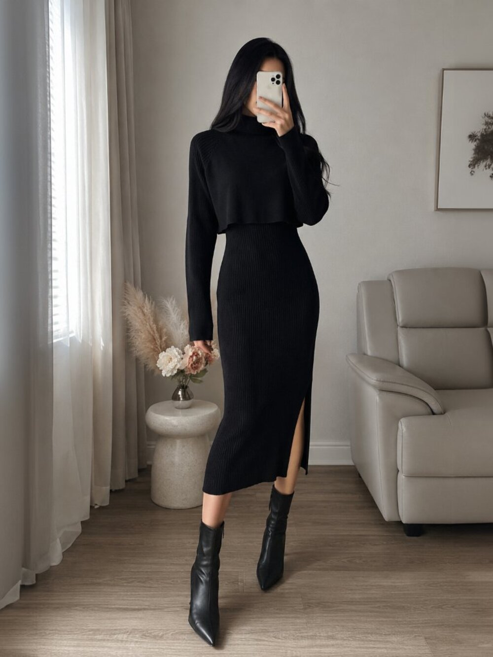 Moni&Co Ribbed Knit Midi Dress with Cropped Turtleneck Sweater Set Black